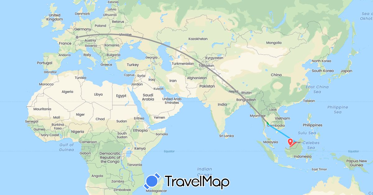 TravelMap itinerary: driving, bus, plane, hiking, boat in Brunei, France, Malaysia, Thailand (Asia, Europe)